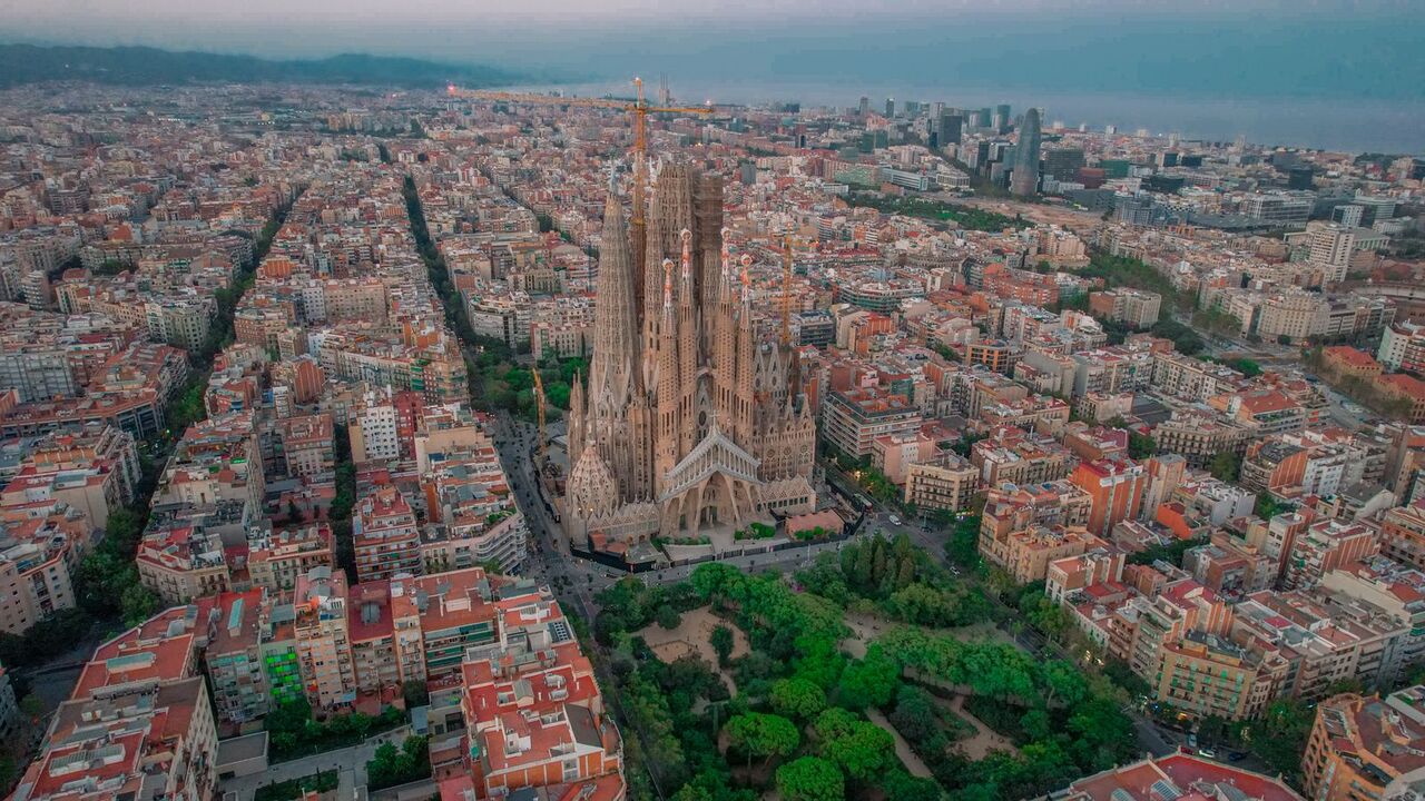 Aerial view of Barcelona, Spain at dusk