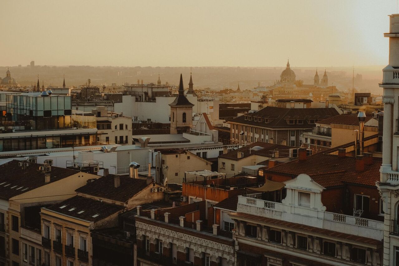 Rooftops of Madrid, Spain at sunset